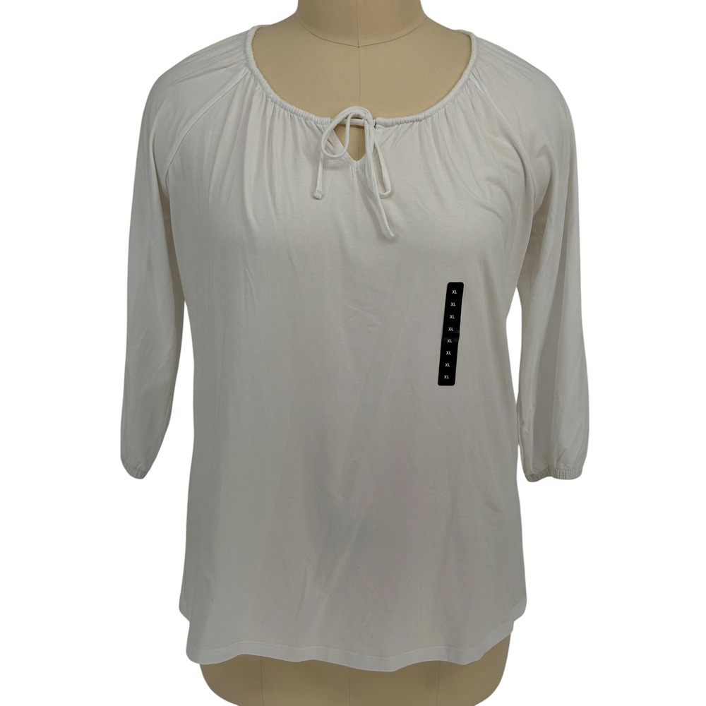 Lands End Peasant Tunic White 3/4 Sleeve Keyhole Tie Blouse XL